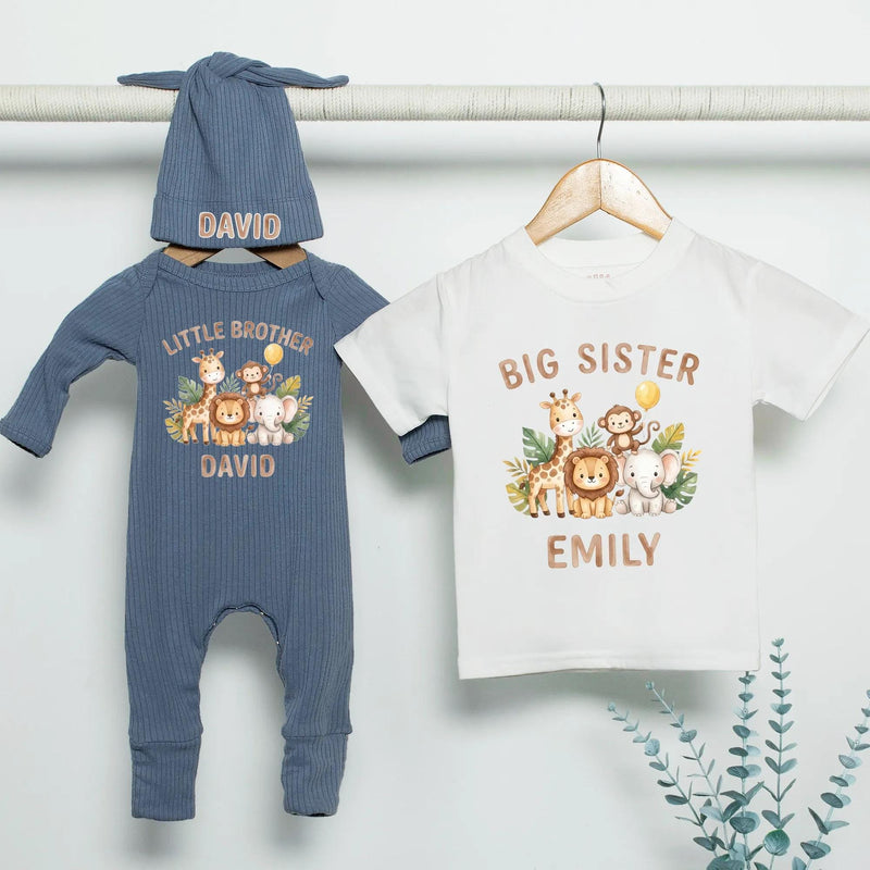 Personalized Jungle Animal Kids Outfit Set, Big Sister Little Brother Matching Shirt & Romper, Soft Cotton Baby & Toddler Gift for Any Season