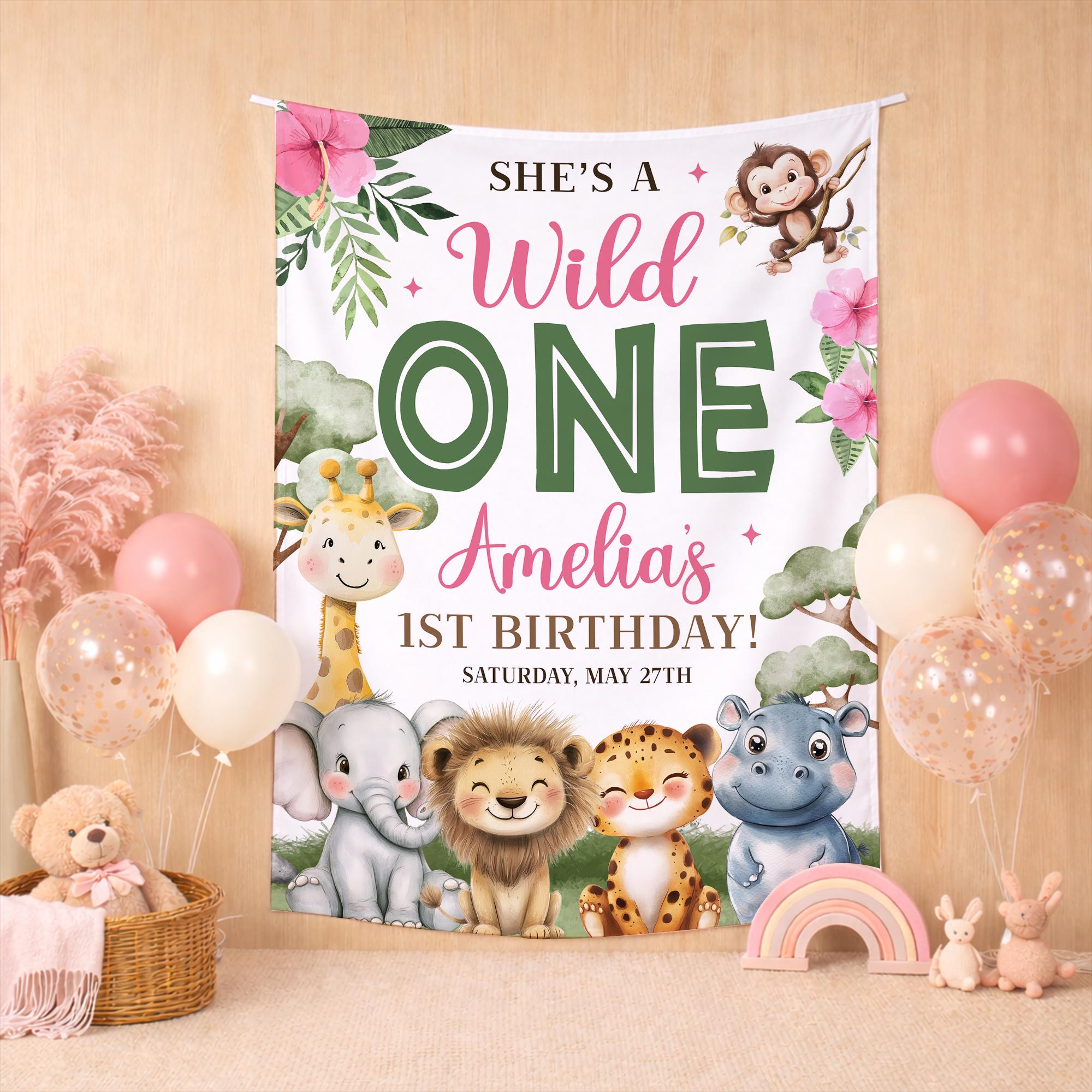 Personalized Jungle Animals First Birthday Banner with Name and Date, Safari Party Backdrop for Toddler Girl Wild One Celebration