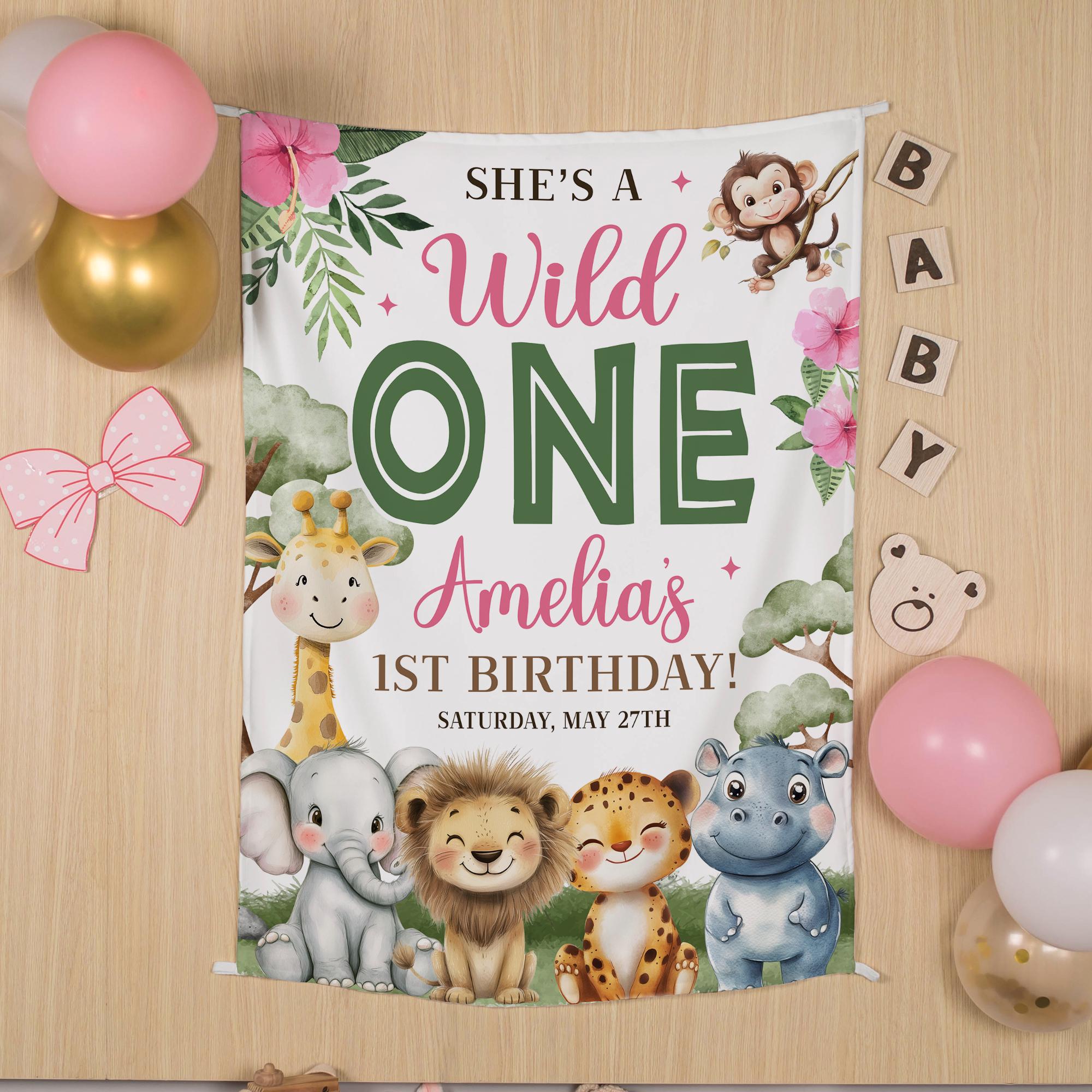 Personalized Jungle Animals First Birthday Banner with Name and Date, Safari Party Backdrop for Toddler Girl Wild One Celebration