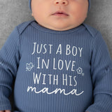 Custom Baby Boy Long Sleeve Romper & Hat Set - 'Just A Boy In Love With His Mama' Quote, Soft Cotton Outfit for Newborns & Infants