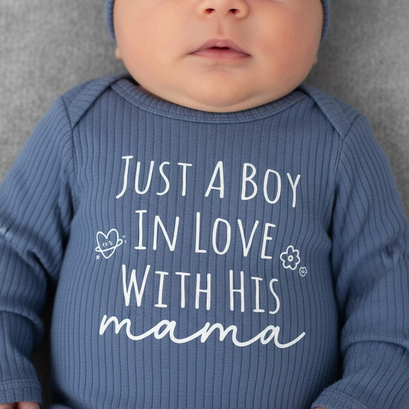 Custom Baby Boy Long Sleeve Romper & Hat Set - 'Just A Boy In Love With His Mama' Quote, Soft Cotton Outfit for Newborns & Infants