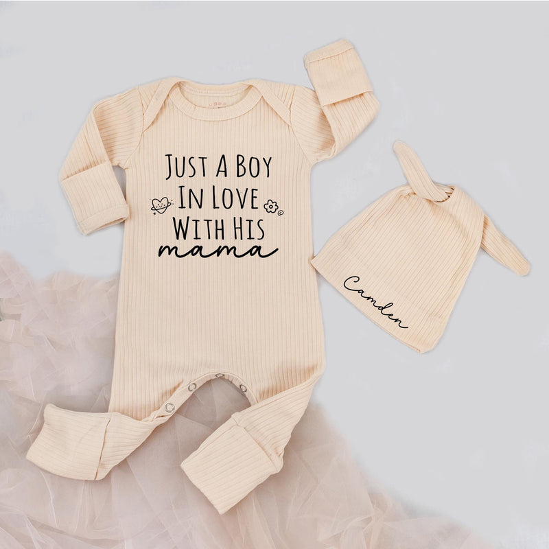 Custom Baby Boy Long Sleeve Romper & Hat Set - 'Just A Boy In Love With His Mama' Quote, Soft Cotton Outfit for Newborns & Infants