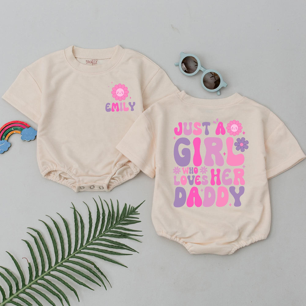 Personalized Just a Girl Who Loves Her Daddy Baby Girl Romper, Retro Flower Outfit for Daddy's Girl, Cute Gift for Baby Girl Birthday