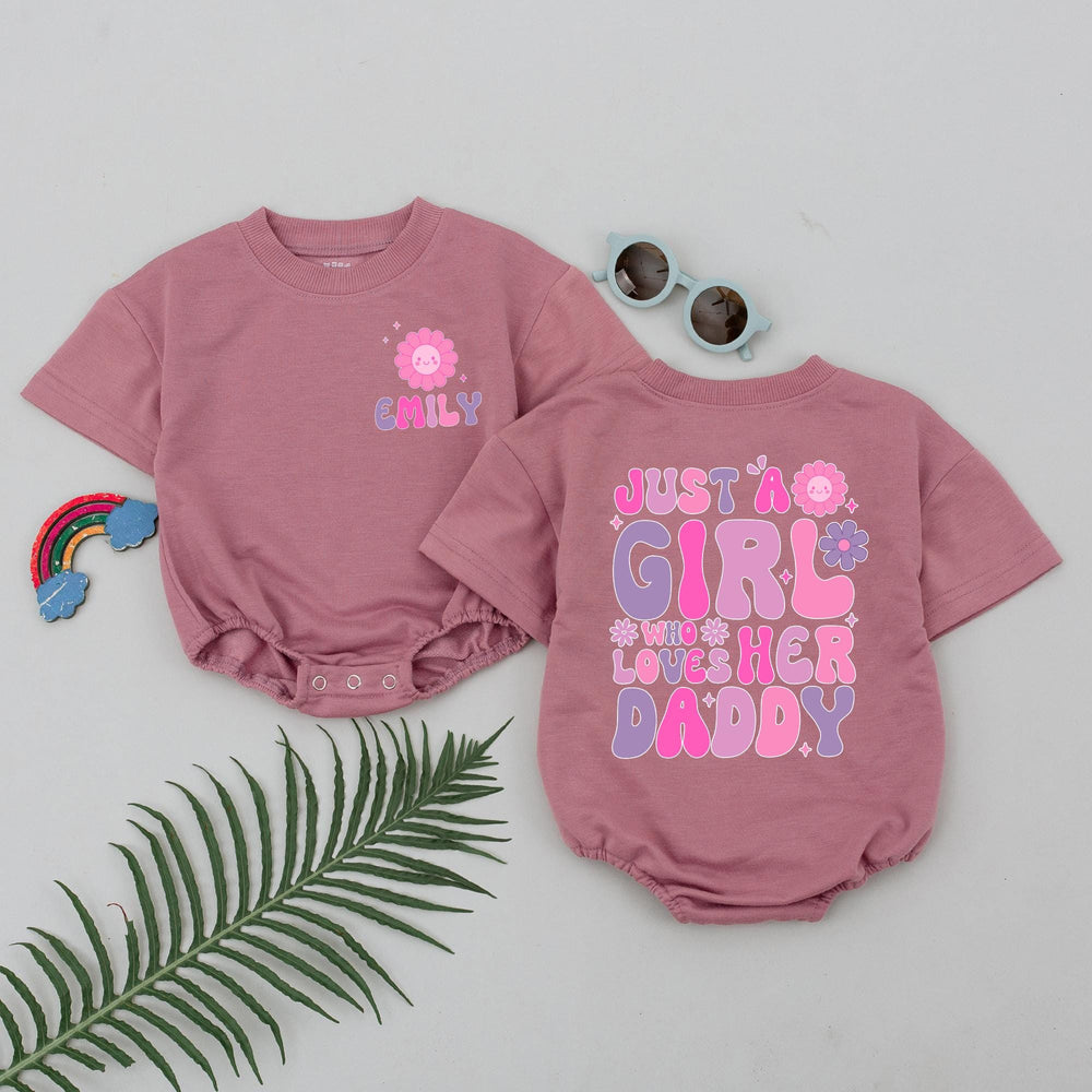 Personalized Just a Girl Who Loves Her Daddy Baby Girl Romper, Retro Flower Outfit for Daddy's Girl, Cute Gift for Baby Girl Birthday
