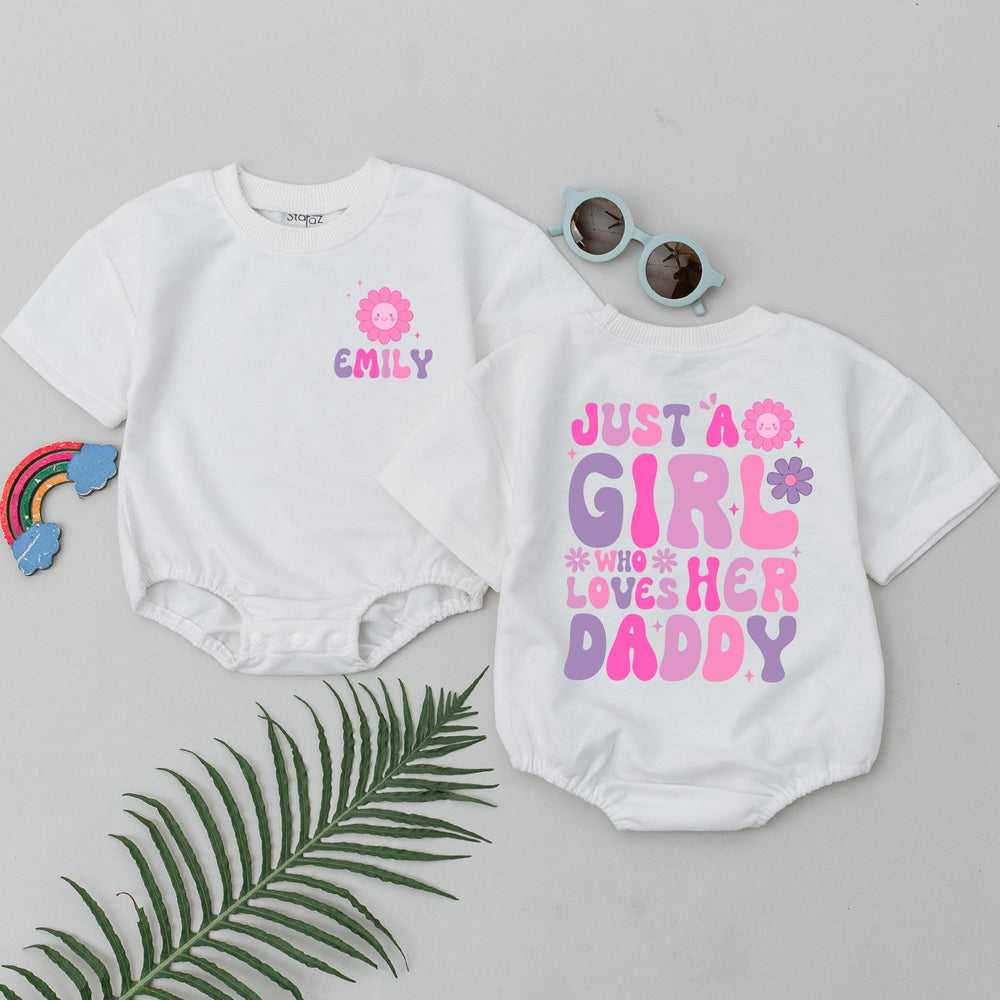 Personalized Just a Girl Who Loves Her Daddy Baby Girl Romper, Retro Flower Outfit for Daddy's Girl, Cute Gift for Baby Girl Birthday