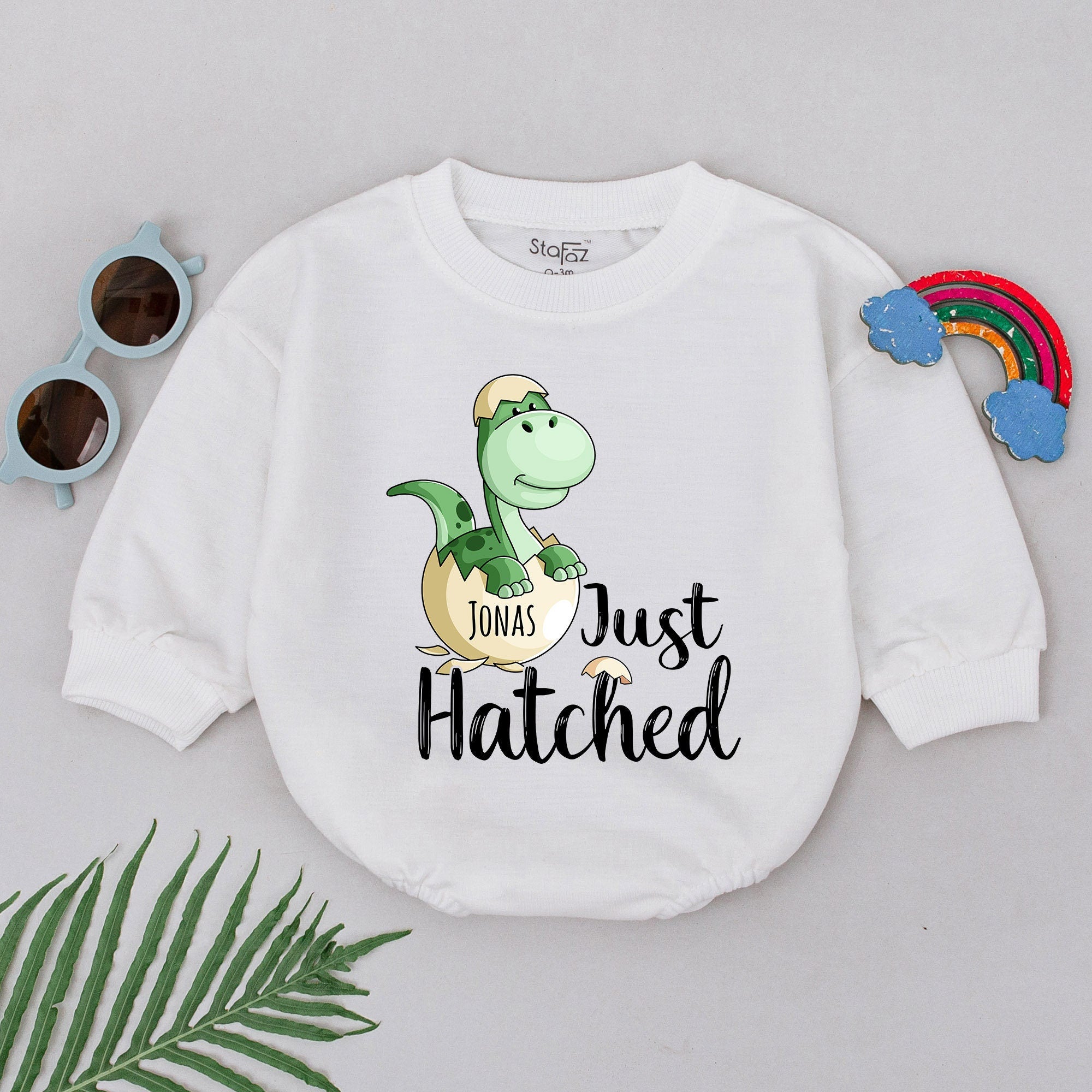 Personalized Just Hatched Dinosaur Romper Cute Newborn Baby Outfit Custom Name Easter Gift Soft Cotton Infant Bodysuit Playful Design