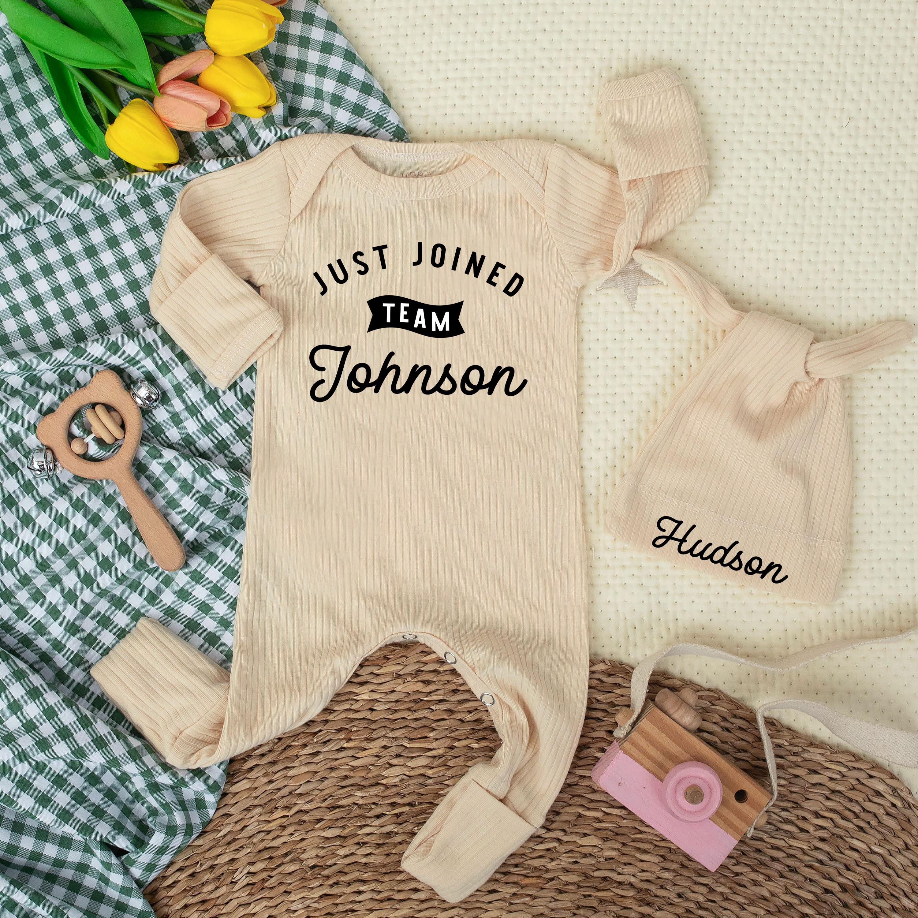 Personalized Just Joined Team Baby Bodysuit with Name Johnson Newborn Boy Coming Home Outfit Baby Shower Gift Soft Cotton Clothing