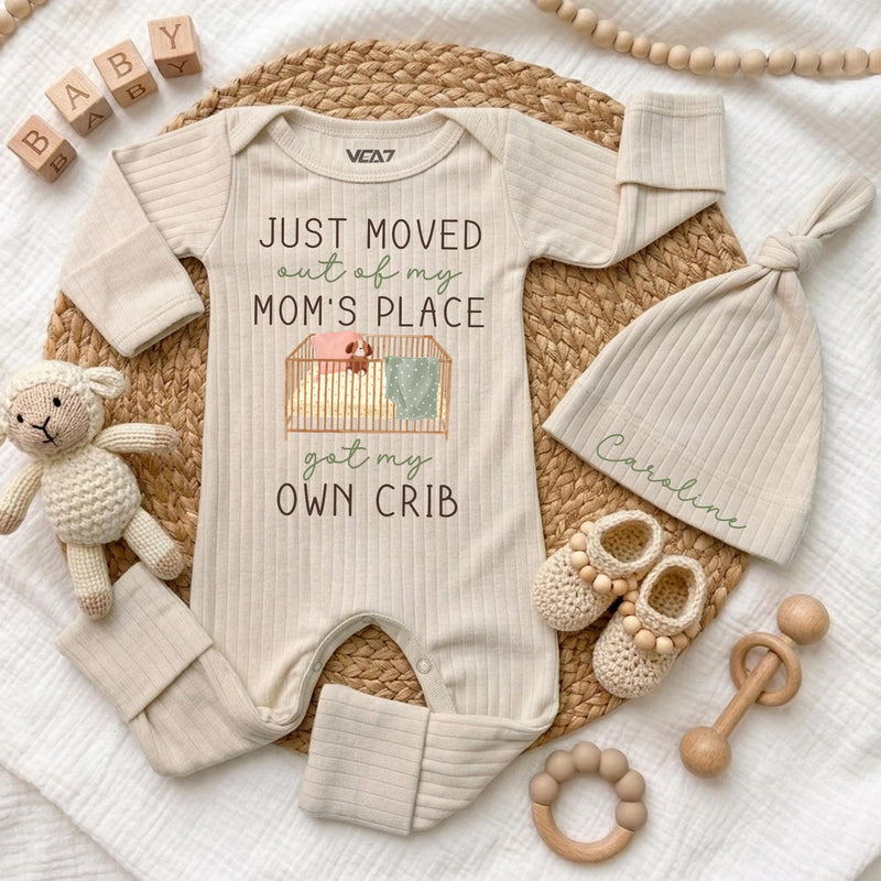 Personalized Just Moved Out Baby Bodysuit and Hat Set, Got My Own Crib Newborn Coming Home Outfit, Funny Baby Shower Gift for Boys or Girls