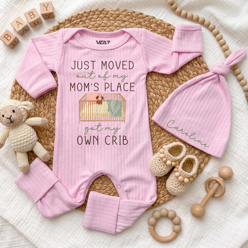 Personalized Just Moved Out Baby Bodysuit and Hat Set, Got My Own Crib Newborn Coming Home Outfit, Funny Baby Shower Gift for Boys or Girls