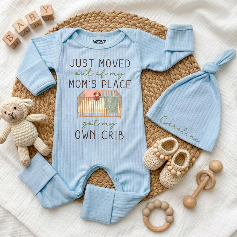 Personalized Just Moved Out Baby Bodysuit and Hat Set, Got My Own Crib Newborn Coming Home Outfit, Funny Baby Shower Gift for Boys or Girls