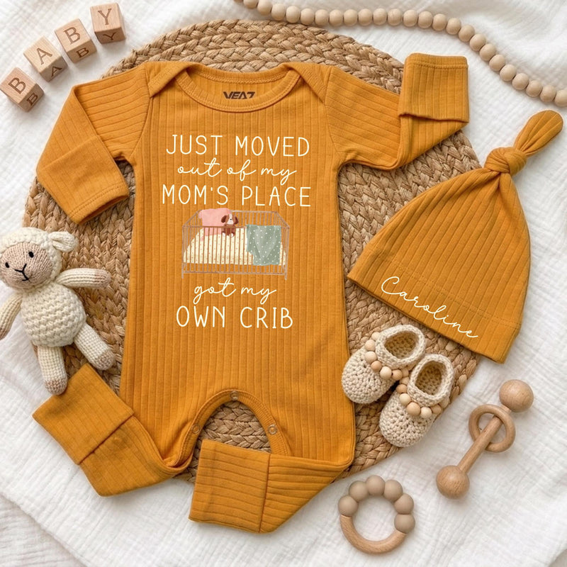 Personalized Just Moved Out Baby Bodysuit and Hat Set, Got My Own Crib Newborn Coming Home Outfit, Funny Baby Shower Gift for Boys or Girls