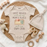 Personalized Just Moved Out Baby Bodysuit and Hat Set, Got My Own Crib Newborn Coming Home Outfit, Funny Baby Shower Gift for Boys or Girls