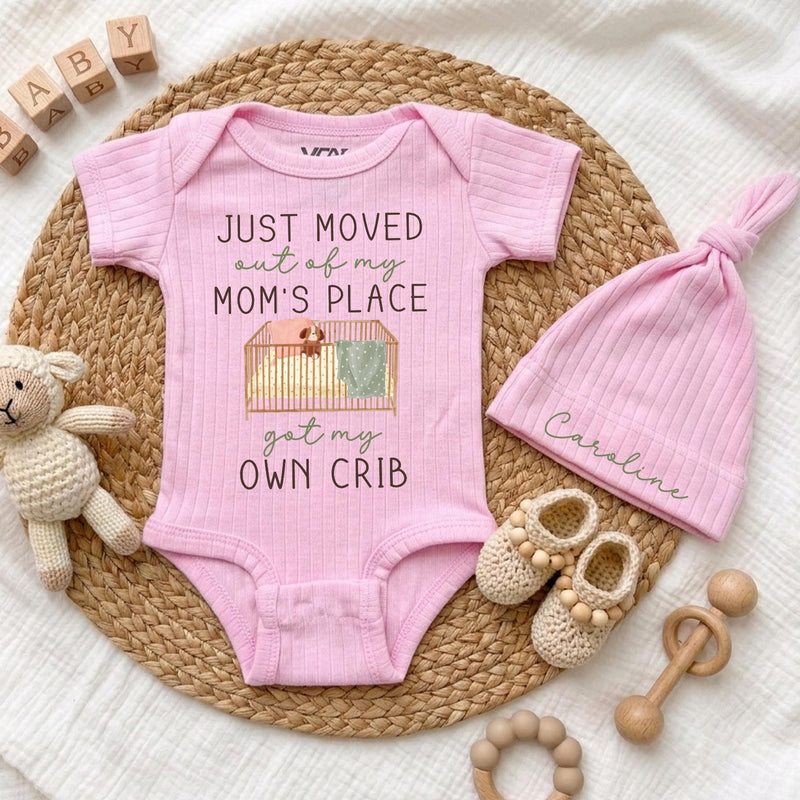 Personalized Just Moved Out Baby Bodysuit and Hat Set, Got My Own Crib Newborn Coming Home Outfit, Funny Baby Shower Gift for Boys or Girls
