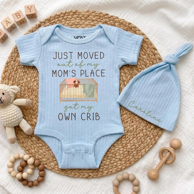 Personalized Just Moved Out Baby Bodysuit and Hat Set, Got My Own Crib Newborn Coming Home Outfit, Funny Baby Shower Gift for Boys or Girls