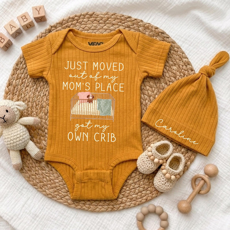 Personalized Just Moved Out Baby Bodysuit and Hat Set, Got My Own Crib Newborn Coming Home Outfit, Funny Baby Shower Gift for Boys or Girls