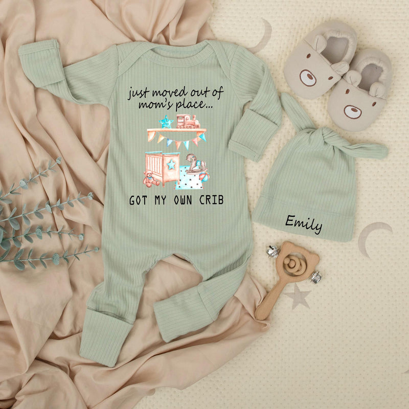 Personalized Just Moved Out of Mom's Place Baby Bodysuit Funny Crib Design Newborn Outfit Soft Cotton Infant Clothes Cute Baby Shower Gift