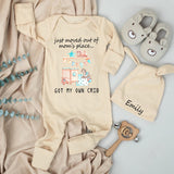 Personalized Just Moved Out of Mom's Place Baby Bodysuit Funny Crib Design Newborn Outfit Soft Cotton Infant Clothes Cute Baby Shower Gift