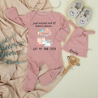 Personalized Just Moved Out of Mom's Place Baby Bodysuit Funny Crib Design Newborn Outfit Soft Cotton Infant Clothes Cute Baby Shower Gift