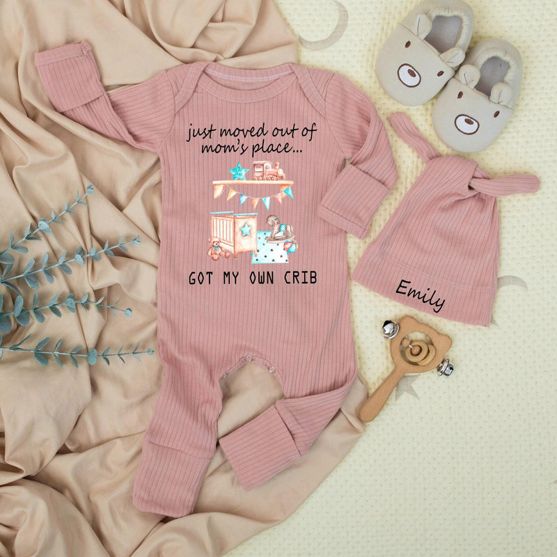 Personalized Just Moved Out of Mom's Place Baby Bodysuit Funny Crib Design Newborn Outfit Soft Cotton Infant Clothes Cute Baby Shower Gift
