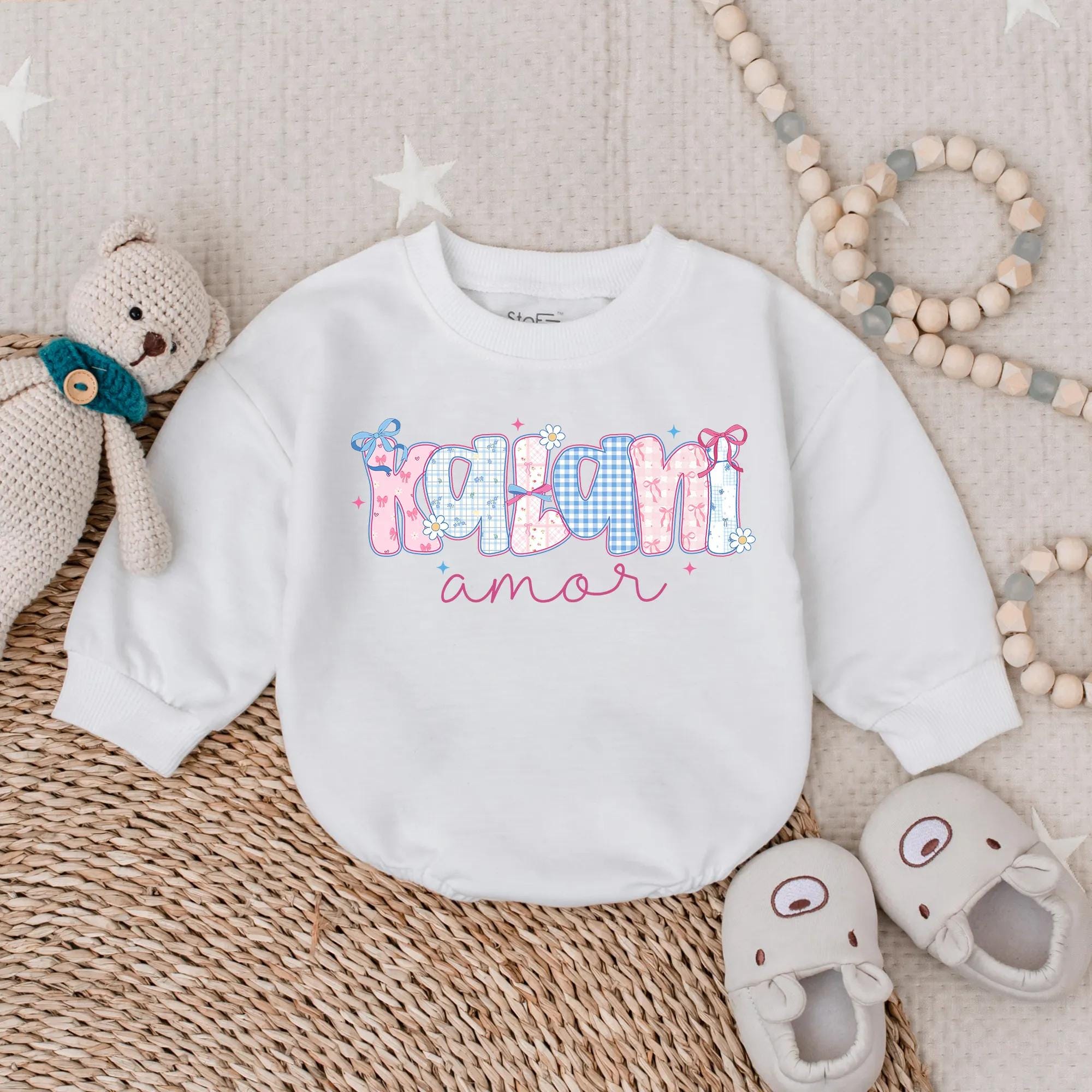 Personalized Kalani Baby Girl Romper Soft Pastel Patterns Cute Infant Outfit Adorable Playful Design Perfect for Baby Shower Gift