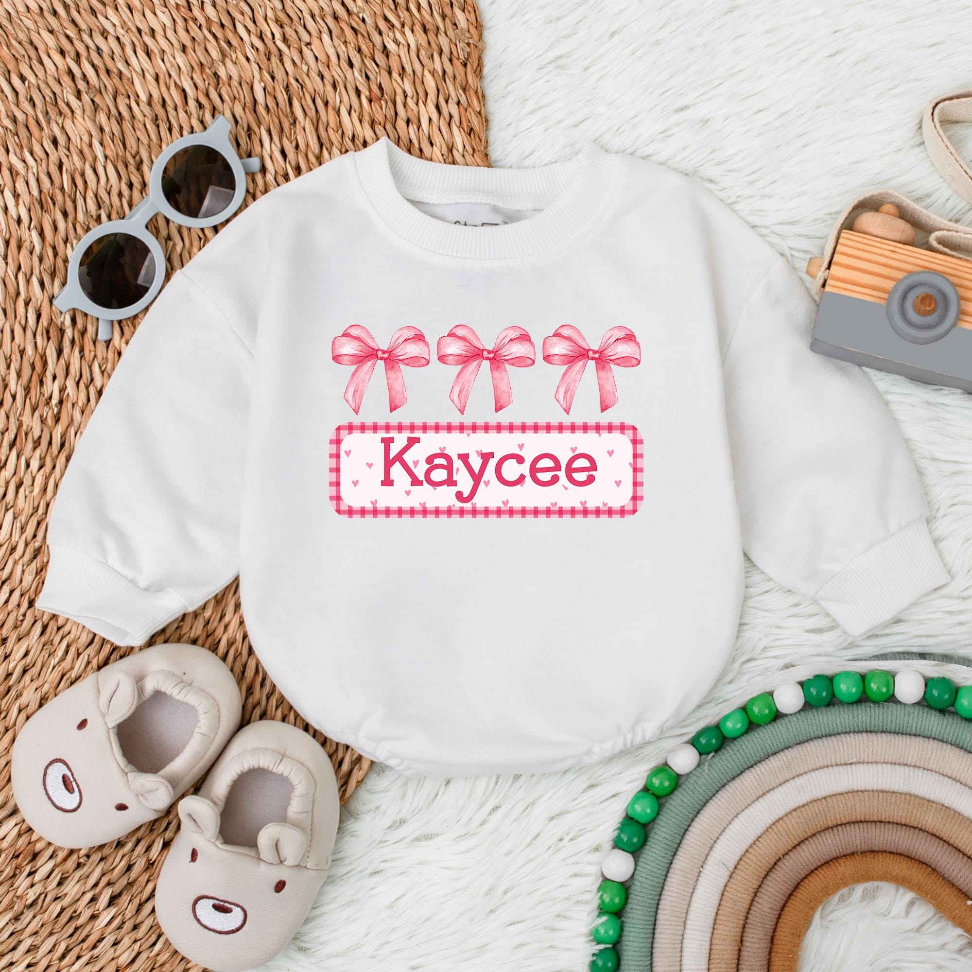 Personalized Kaycee Pink Bow Baby Romper Soft Cotton Infant Bodysuit Ideal Birthday or Christmas Gift Minimalist Design for Girls