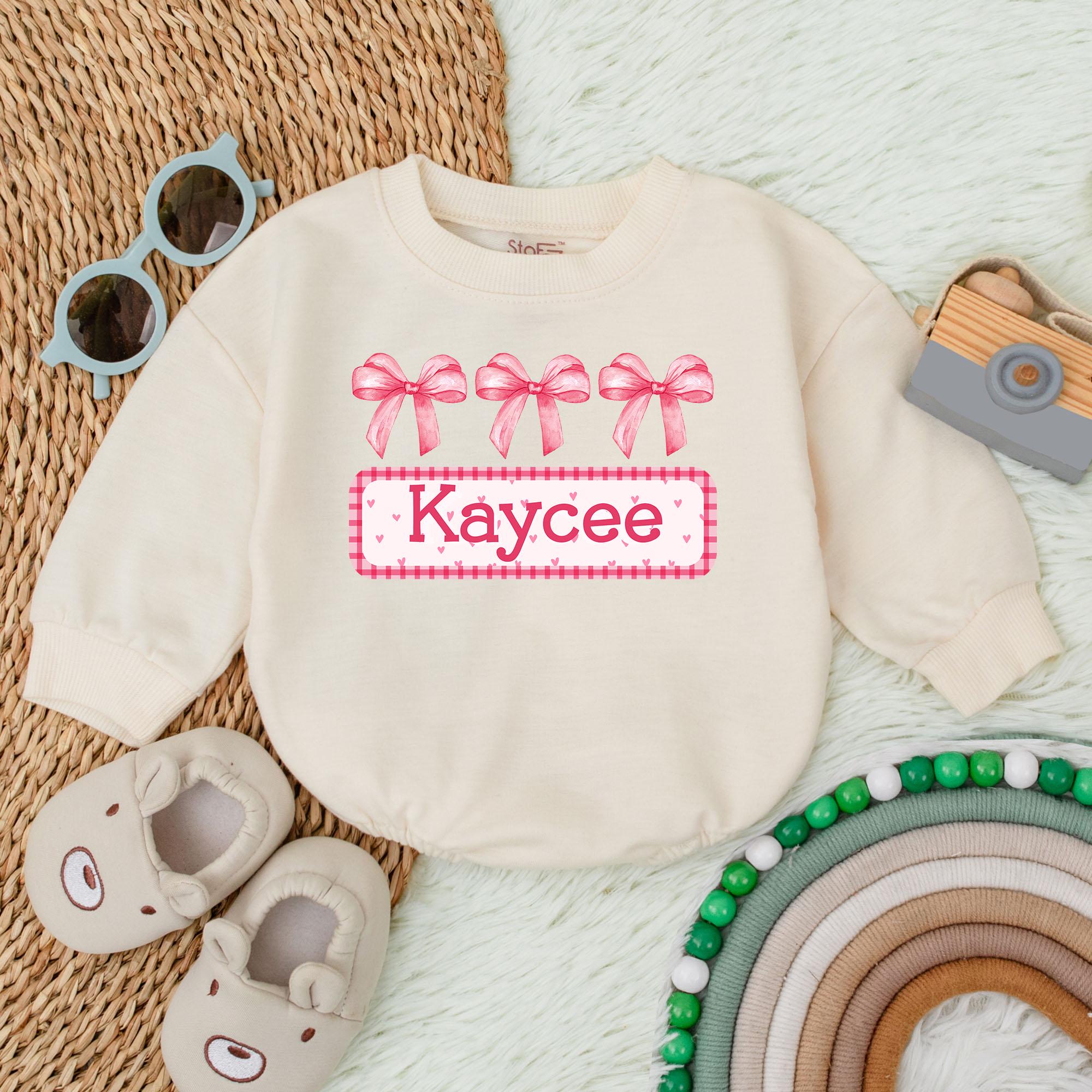 Personalized Kaycee Pink Bow Baby Romper Soft Cotton Infant Bodysuit Ideal Birthday or Christmas Gift Minimalist Design for Girls