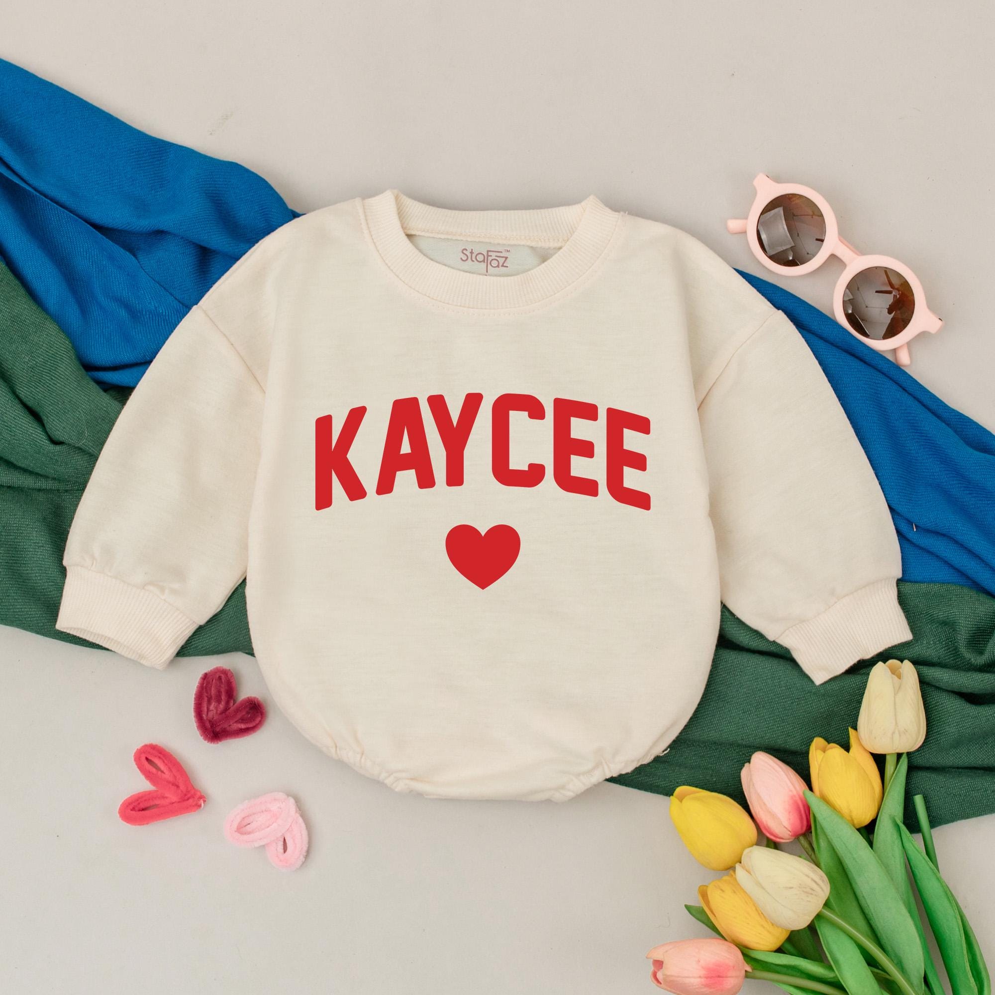 Personalized Kaycee Valentine Romper Newborn Baby Girl Outfit Heart Design Custom Name First Holiday Bubble Romper Soft Cotton Gift