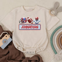 Personalized Kids Football Romper with Red Helmet Blue Player Baby Sports Outfit Birthday Gift Custom Name Cotton Playwear