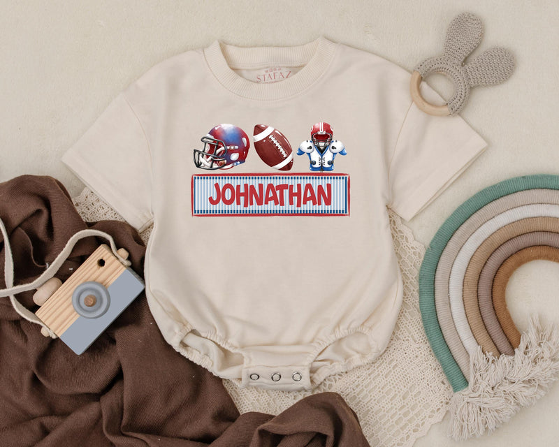 Personalized Kids Football Romper with Red Helmet Blue Player Baby Sports Outfit Birthday Gift Custom Name Cotton Playwear
