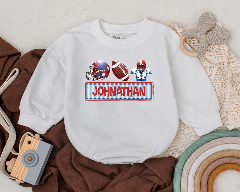 Personalized Kids Football Romper with Red Helmet Blue Player Baby Sports Outfit Birthday Gift Custom Name Cotton Playwear