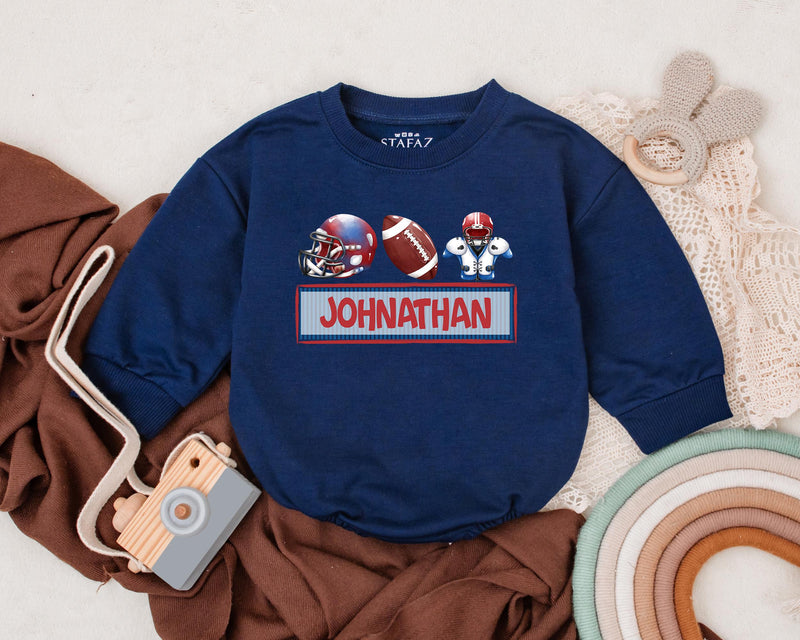 Personalized Kids Football Romper with Red Helmet Blue Player Baby Sports Outfit Birthday Gift Custom Name Cotton Playwear