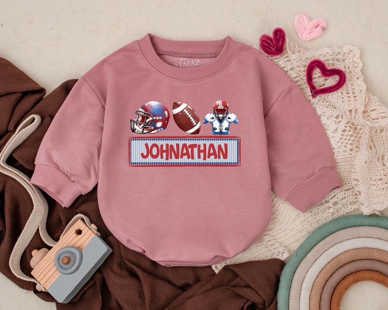 Personalized Kids Football Romper with Red Helmet Blue Player Baby Sports Outfit Birthday Gift Custom Name Cotton Playwear
