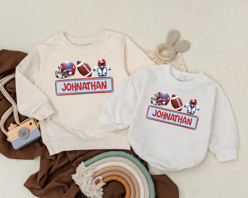 Personalized Kids Football Romper with Red Helmet Blue Player Baby Sports Outfit Birthday Gift Custom Name Cotton Playwear