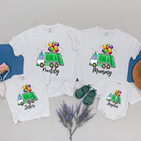 Personalized Kids Garbage Truck Birthday Shirt with Balloons and Confetti, Toddler Trash Bash Party Tee, Custom Name Green Truck Design