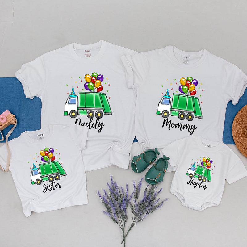 Personalized Kids Garbage Truck Birthday Shirt with Balloons and Confetti, Toddler Trash Bash Party Tee, Custom Name Green Truck Design