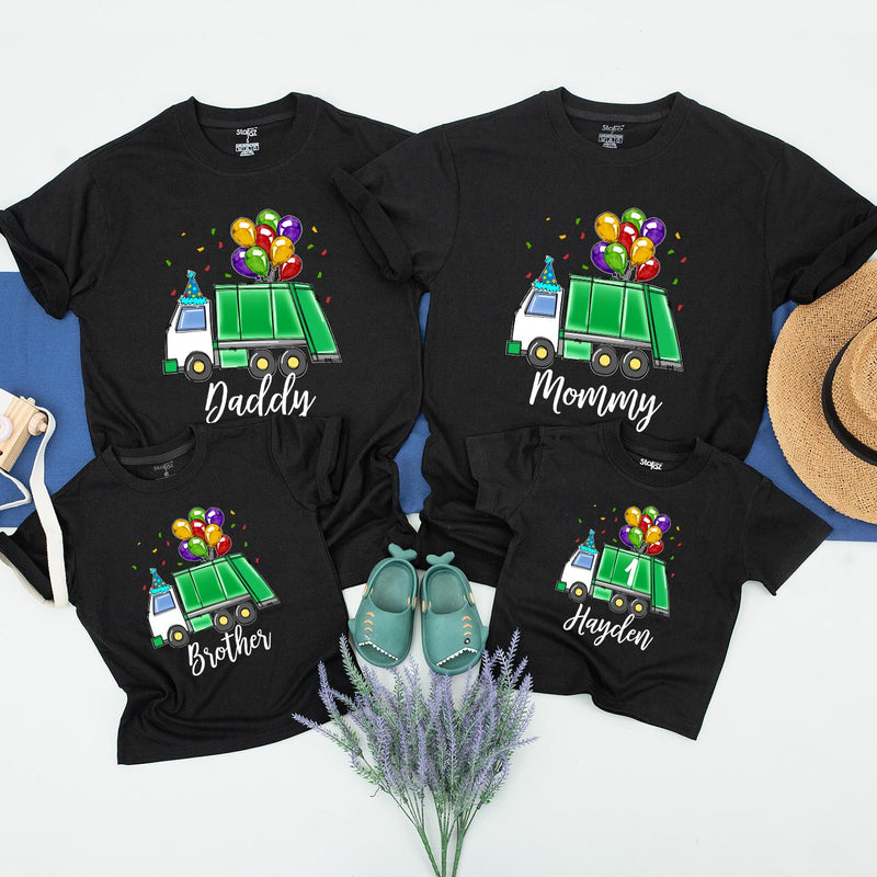 Personalized Kids Garbage Truck Birthday Shirt with Balloons and Confetti, Toddler Trash Bash Party Tee, Custom Name Green Truck Design