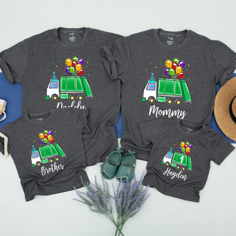 Personalized Kids Garbage Truck Birthday Shirt with Balloons and Confetti, Toddler Trash Bash Party Tee, Custom Name Green Truck Design