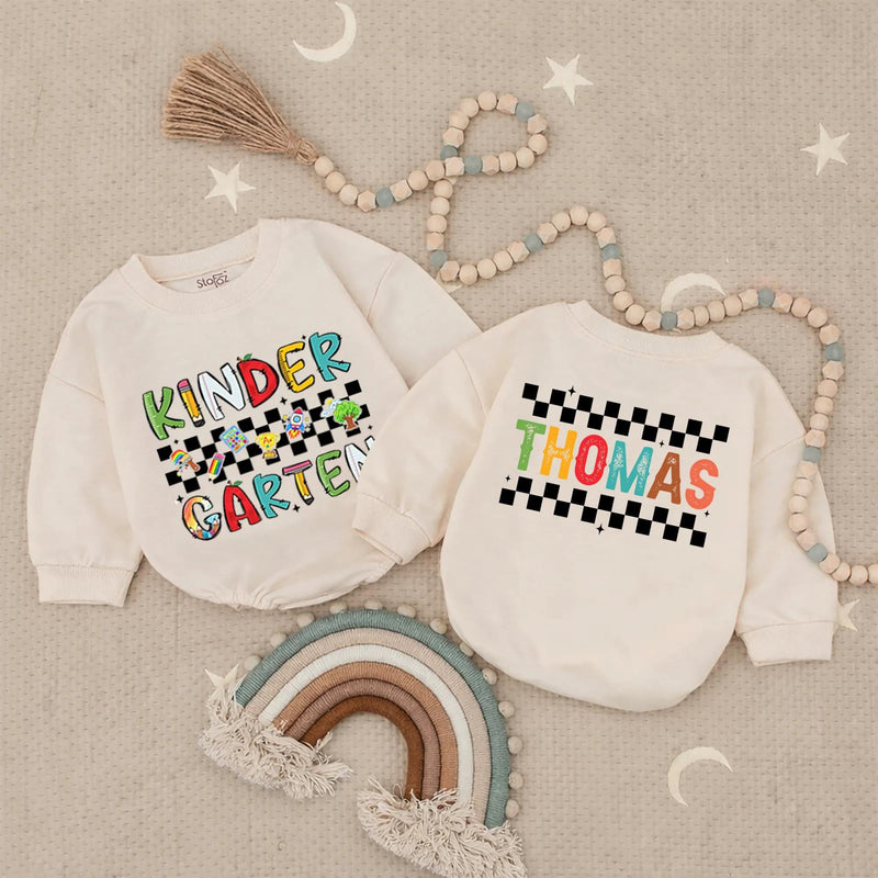 Personalized Kids Long Sleeve Romper with Colorful Checkered Kindergarten Design, Custom Name Back to School Outfit for Toddlers
