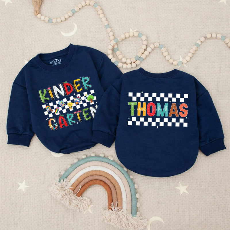 Personalized Kids Long Sleeve Romper with Colorful Checkered Kindergarten Design, Custom Name Back to School Outfit for Toddlers