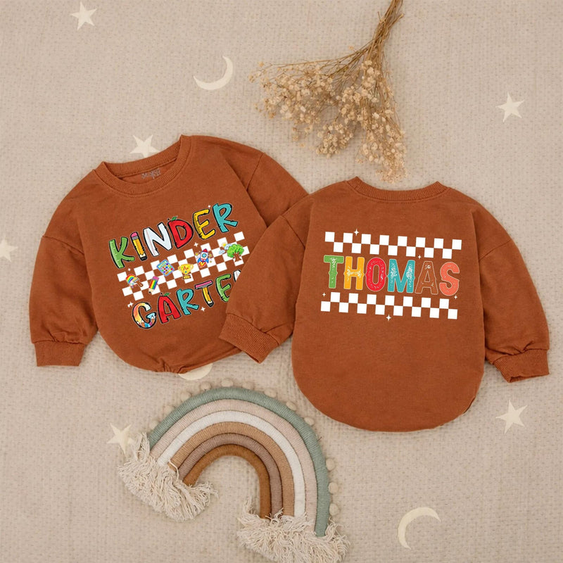 Personalized Kids Long Sleeve Romper with Colorful Checkered Kindergarten Design, Custom Name Back to School Outfit for Toddlers