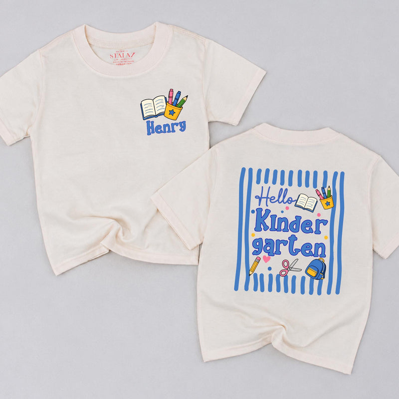 Personalized Kindergarten Kids T-Shirt with Custom Name Henry Fun First Day of School Outfit Blue Yellow Design, Soft Cotton Gift Idea
