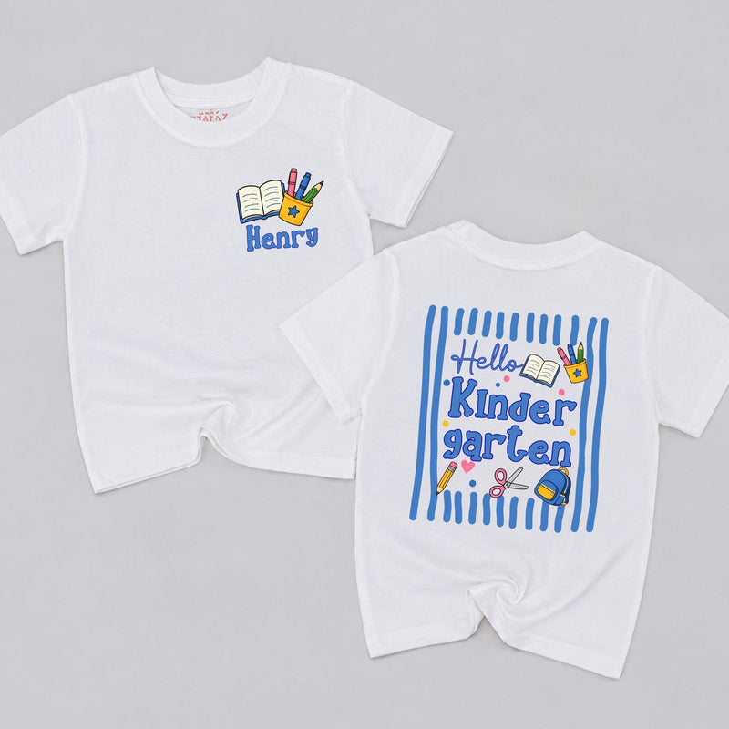Personalized Kindergarten Kids T-Shirt with Custom Name Henry Fun First Day of School Outfit Blue Yellow Design, Soft Cotton Gift Idea