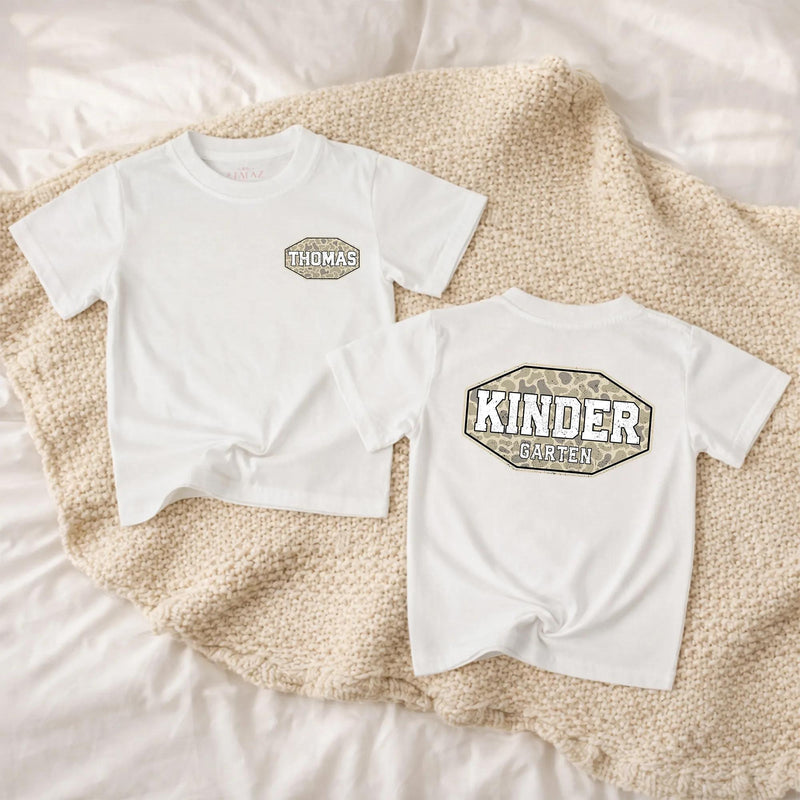 Custom Camo Kindergarten Toddler Tee with Name, Matching Family Back-to-School Shirt, Soft Cotton Kids T-Shirt for Everyday Play