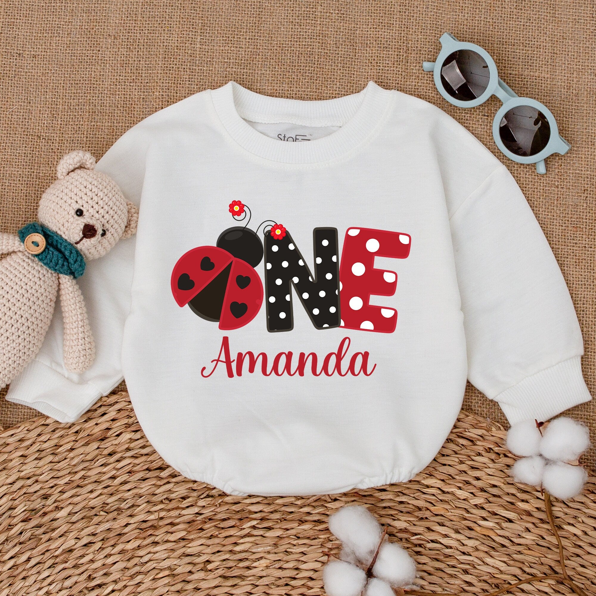Personalized Ladybug Birthday Romper for Baby Girl One Year Old Celebration Outfit Red Black Design Amanda's Name Cotton Bodysuit Gift