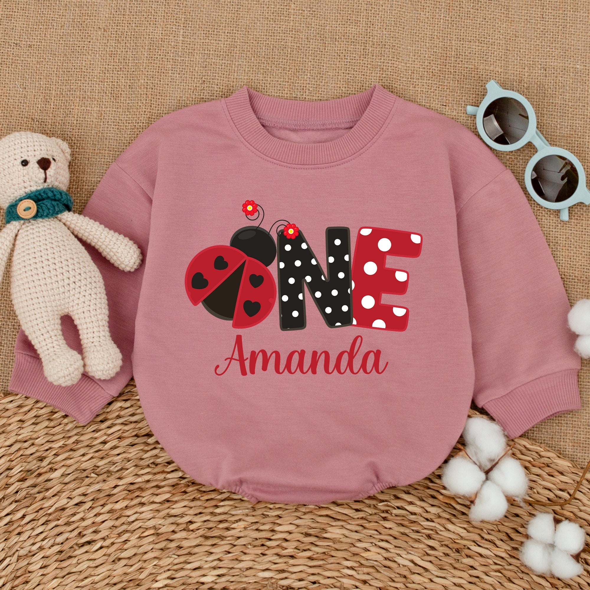 Personalized Ladybug Birthday Romper for Baby Girl One Year Old Celebration Outfit Red Black Design Amanda's Name Cotton Bodysuit Gift