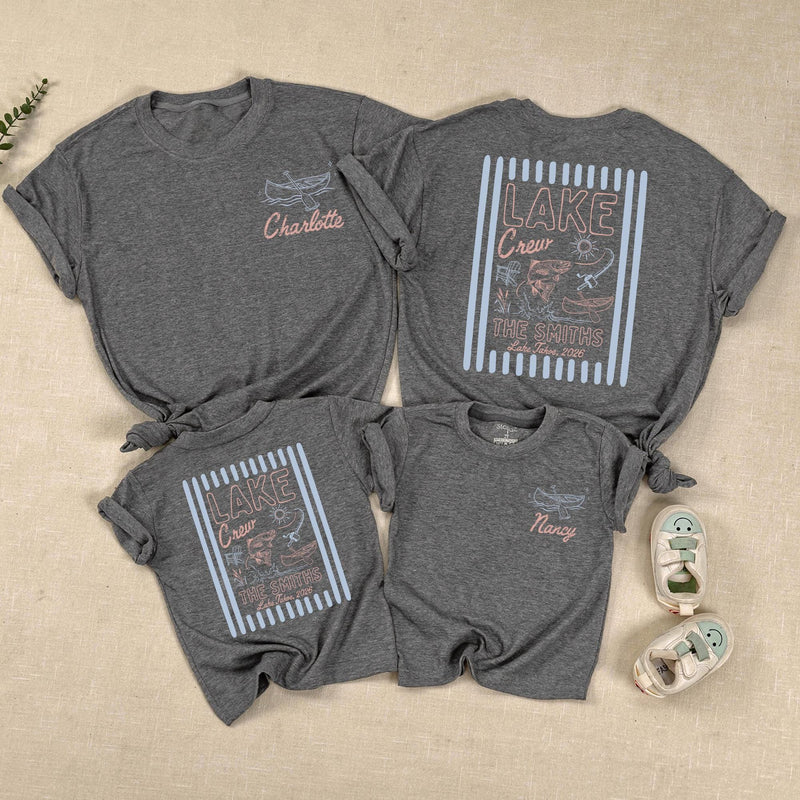 Personalized Lake Crew Matching Family Shirts with Custom Names, Baby Rompers & Kids Tees, Soft Cotton Summer Outfit for Vacations