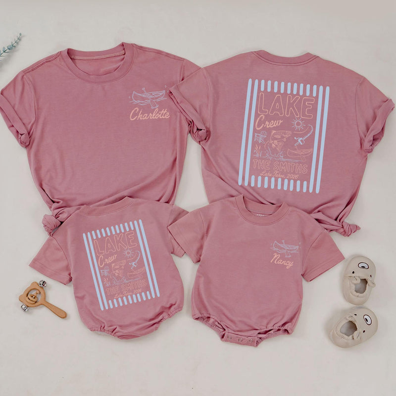 Personalized Lake Crew Matching Family Shirts with Custom Names, Baby Rompers & Kids Tees, Soft Cotton Summer Outfit for Vacations
