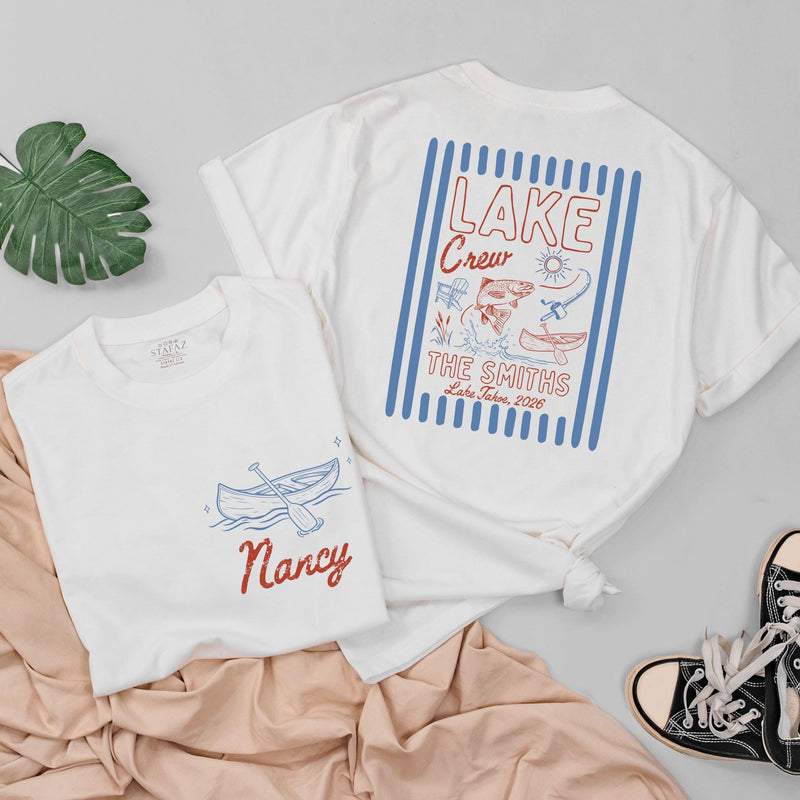 Personalized Lake Crew Matching Family Shirts with Custom Names, Baby Rompers & Kids Tees, Soft Cotton Summer Outfit for Vacations