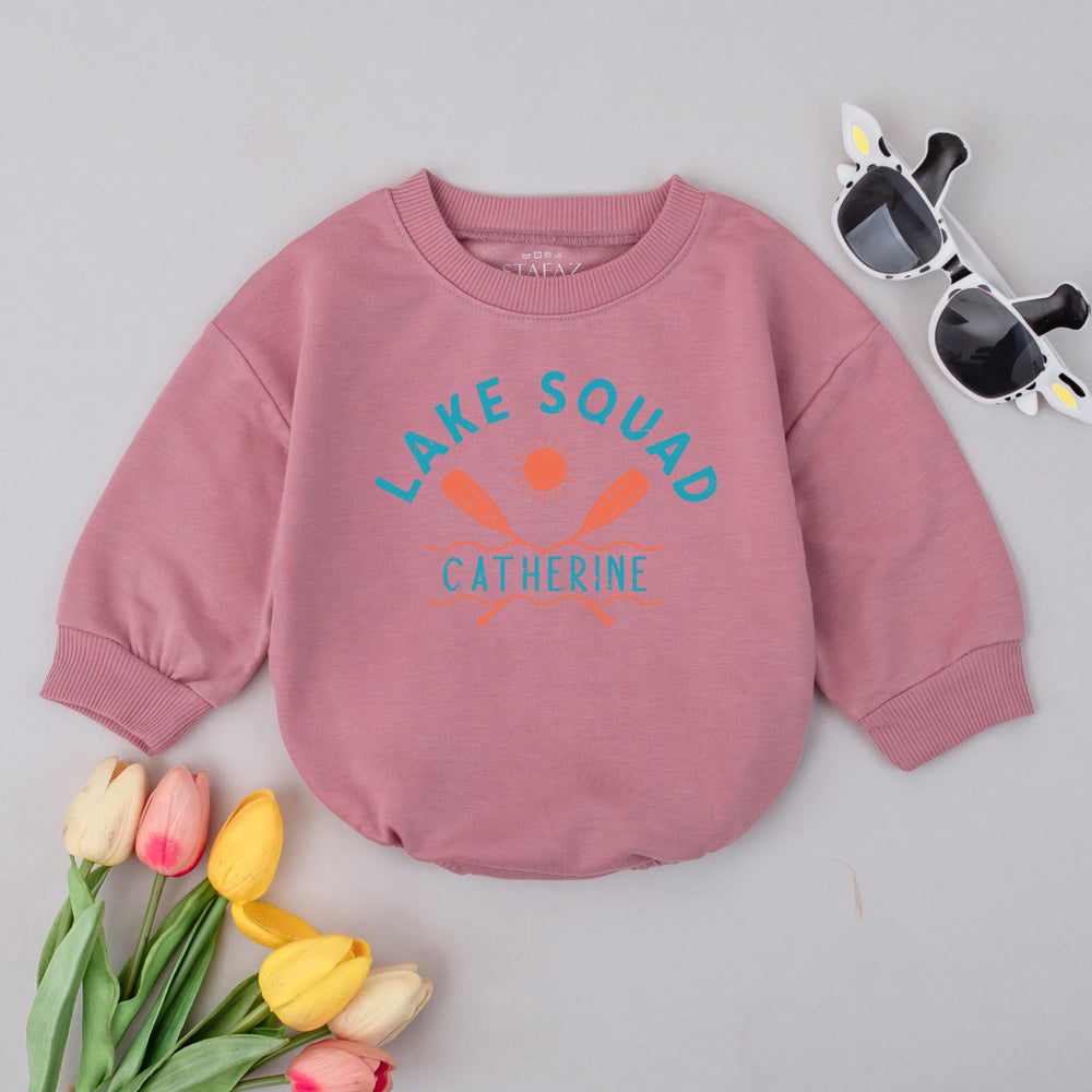 Personalized Lake Squad Baby Romper with Custom Name Summer Outfit Comfortable Cotton Infant Clothes Orange Teal Design Baby Shower Gift