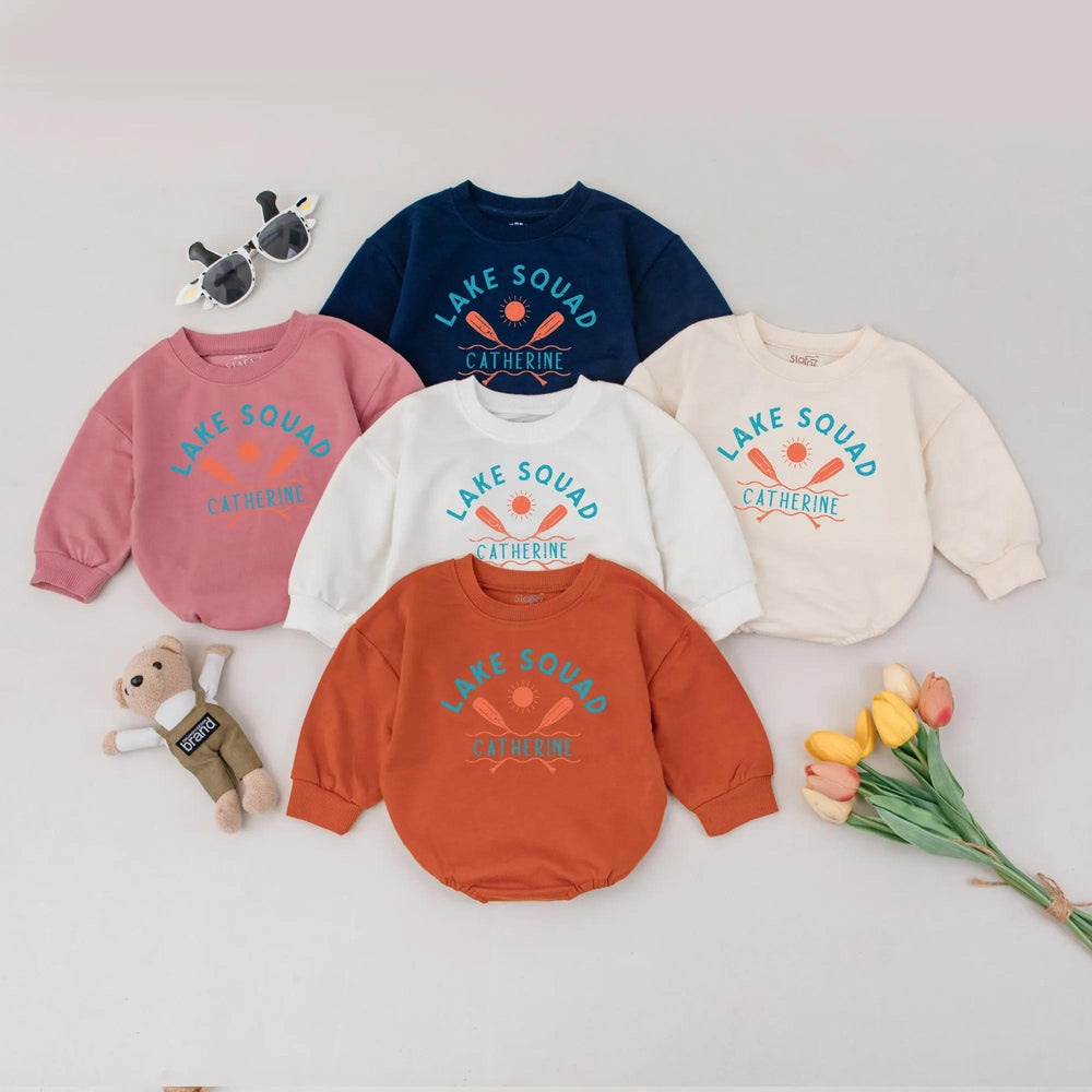 Personalized Lake Squad Baby Romper with Custom Name Summer Outfit Comfortable Cotton Infant Clothes Orange Teal Design Baby Shower Gift